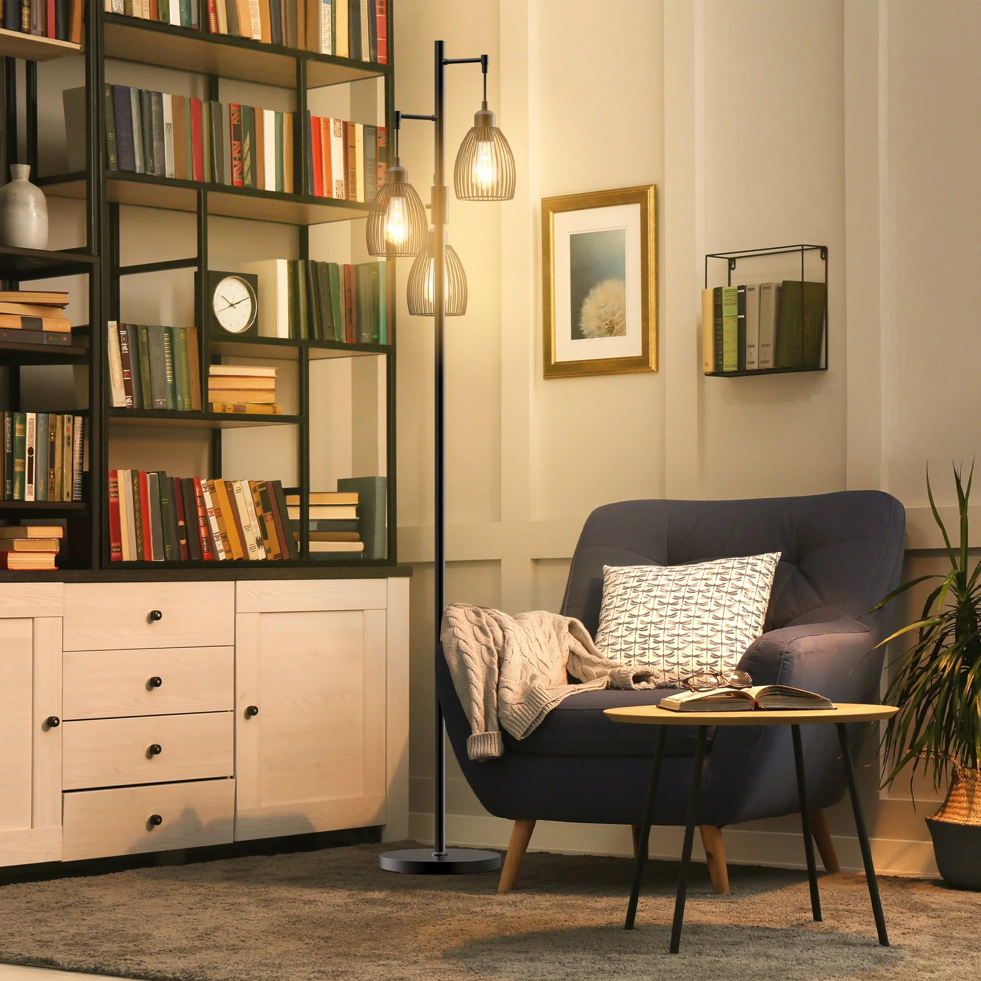 PAZZO 69 inch Three Head LED Metal Industrial Floor Lamp, Bright & Durable, with 3 Stepless Dimmable Bulb Included, Black