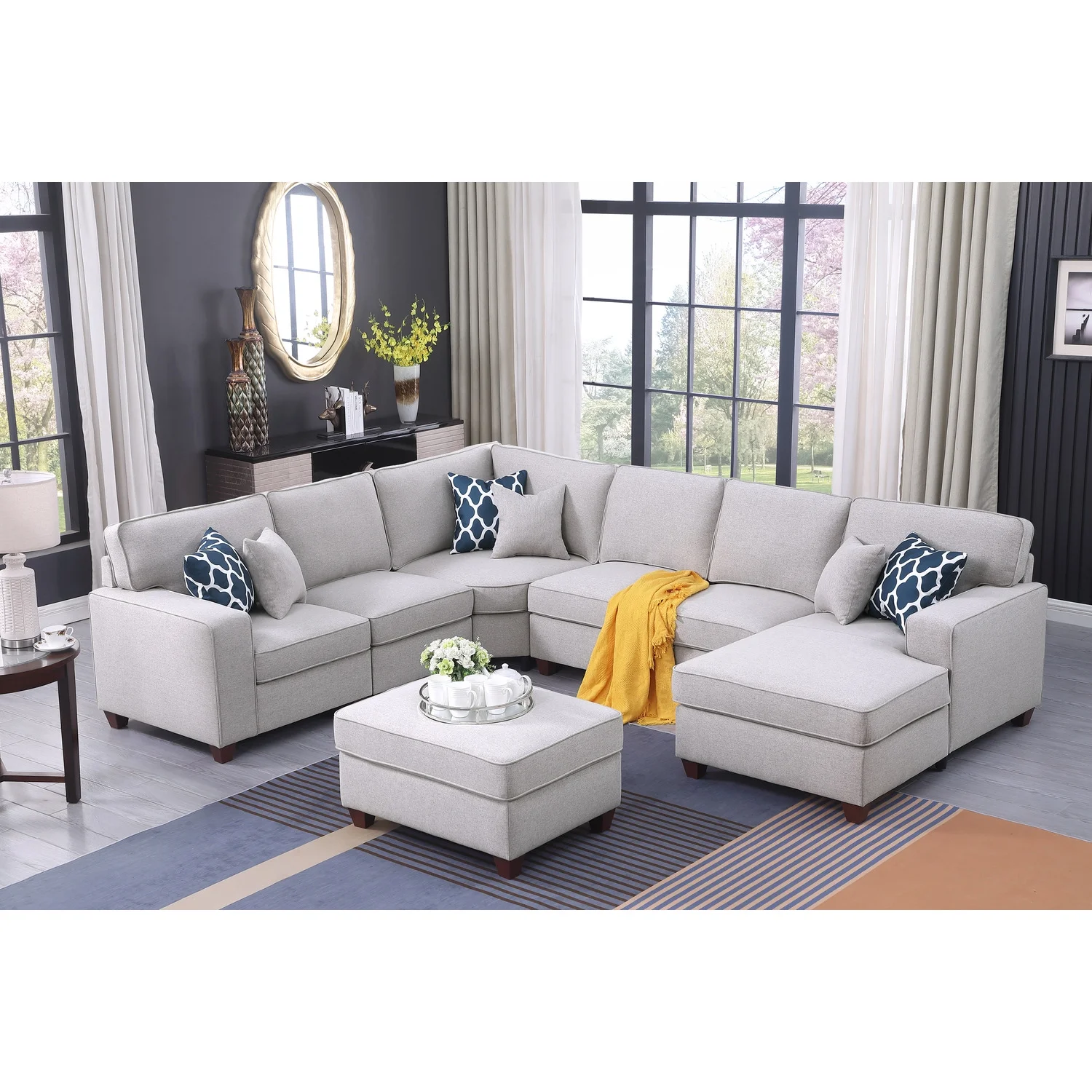 Devion Furniture 7-Piece Upholstered Modern Fabric Sectional in Light Gray