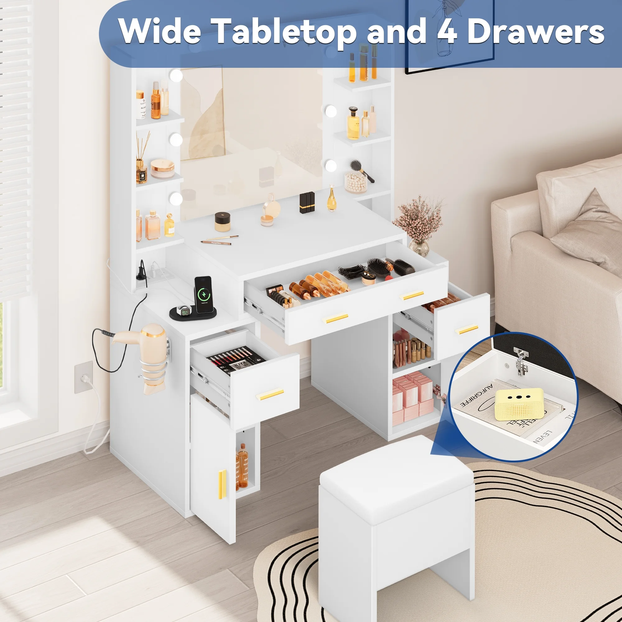 Dextrus Elegant Makeup Vanity Set with Lighted Mirror and Drawers, White Makeup Desk,Dressing Table for Girls