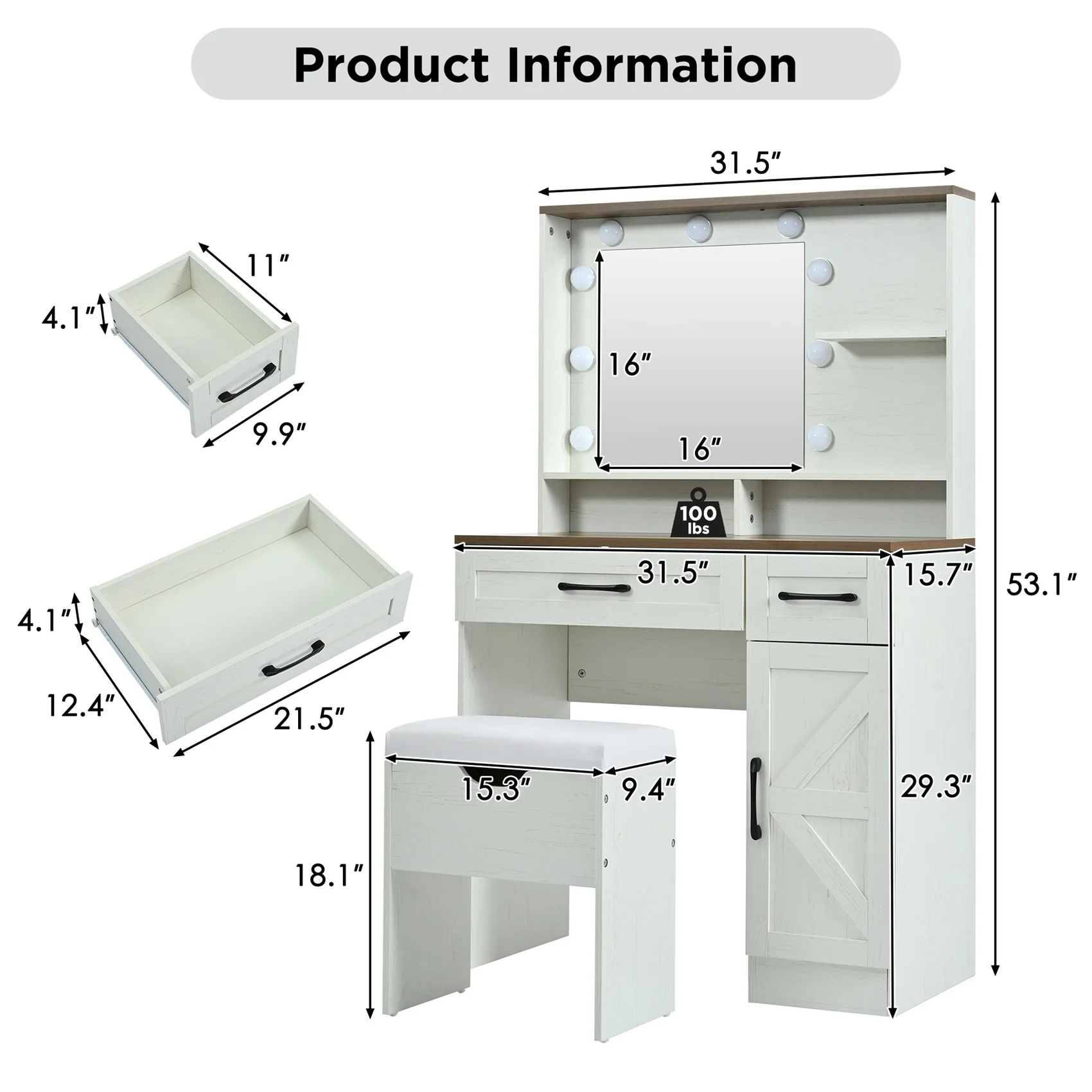 Alvantor Vanity Set Farmhouse Makeup Desk with Mirror and Lights, Adjustable Dressing Table with Stool White