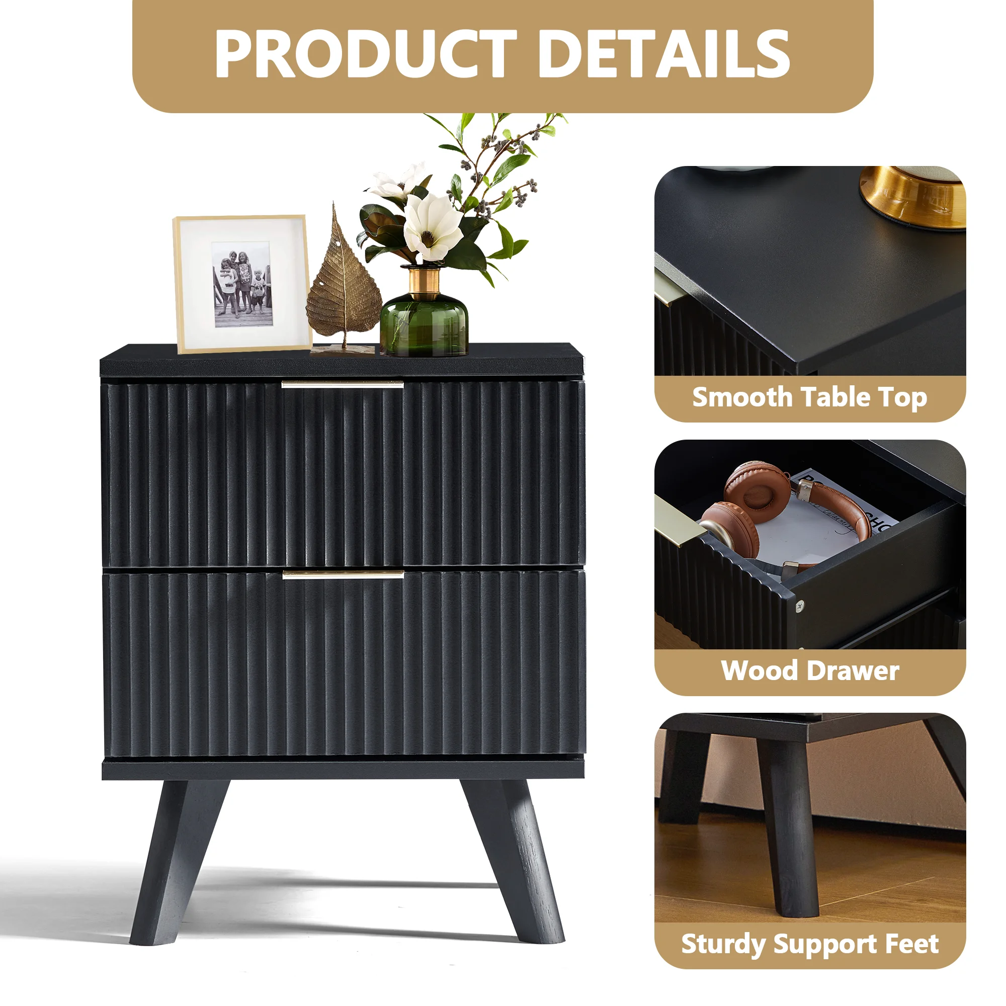 YOCWO Fluted Nightstand for Bedroom Set of 2 , Wood Bedside Table Set of 2 with Drawers, Black