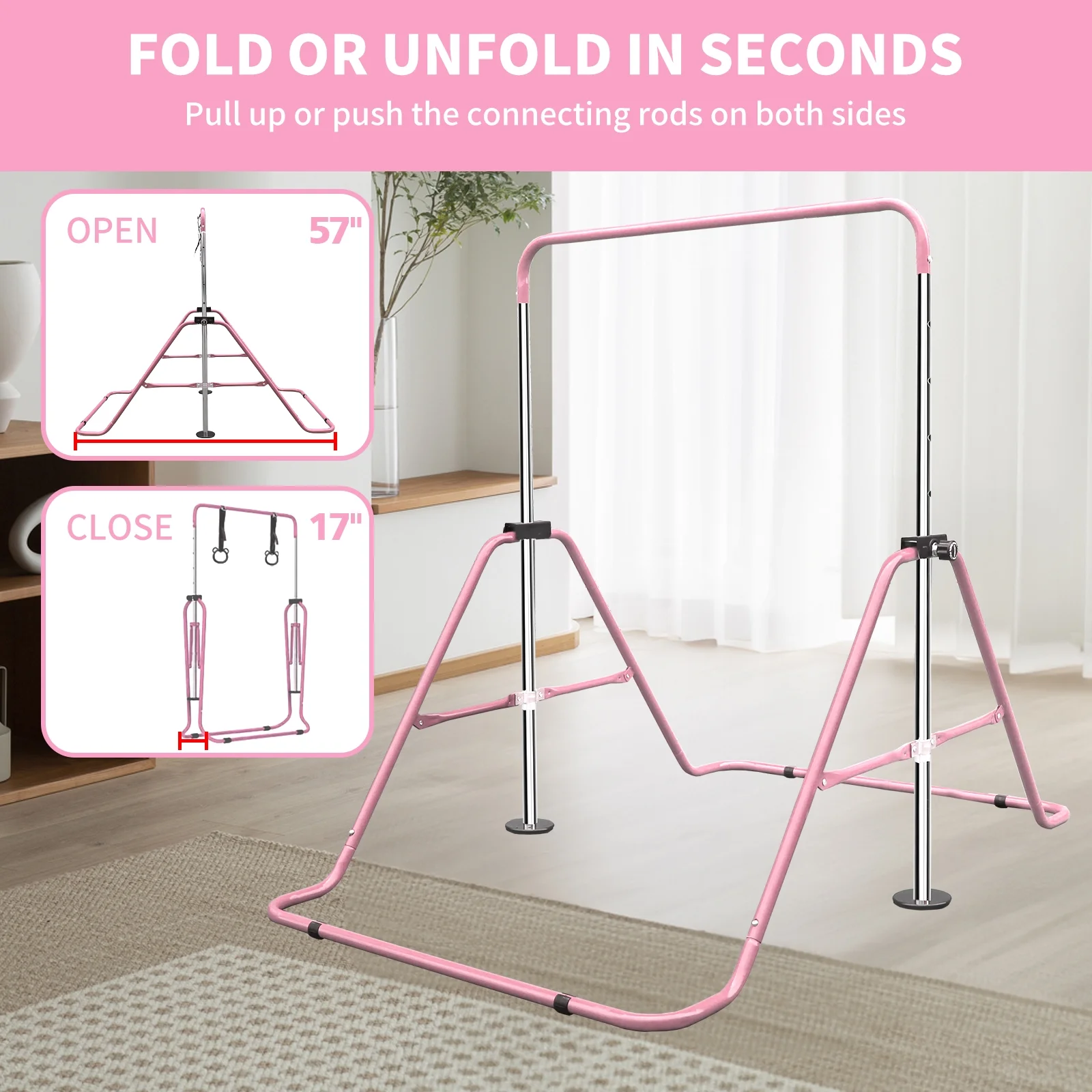 Expandable Gymnastics Bar for Kids - Height Adjustable Junior Training Bar for Home, Folding Gymnastic Horizontal Bars Equipment Pink