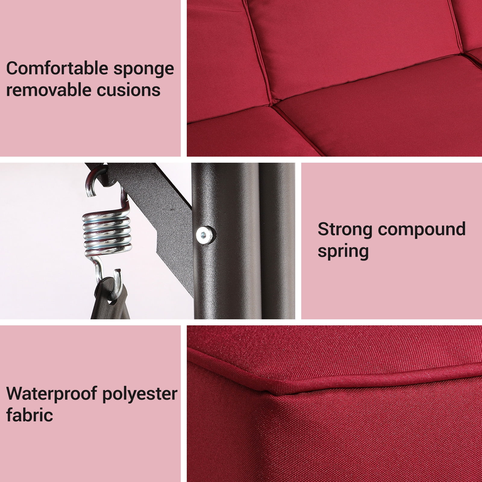 Pirecart 3 Person Patio Porch Swing Outdoor Converting Swing Glider Hammock with Adjustable Canopy, Cushions, Red