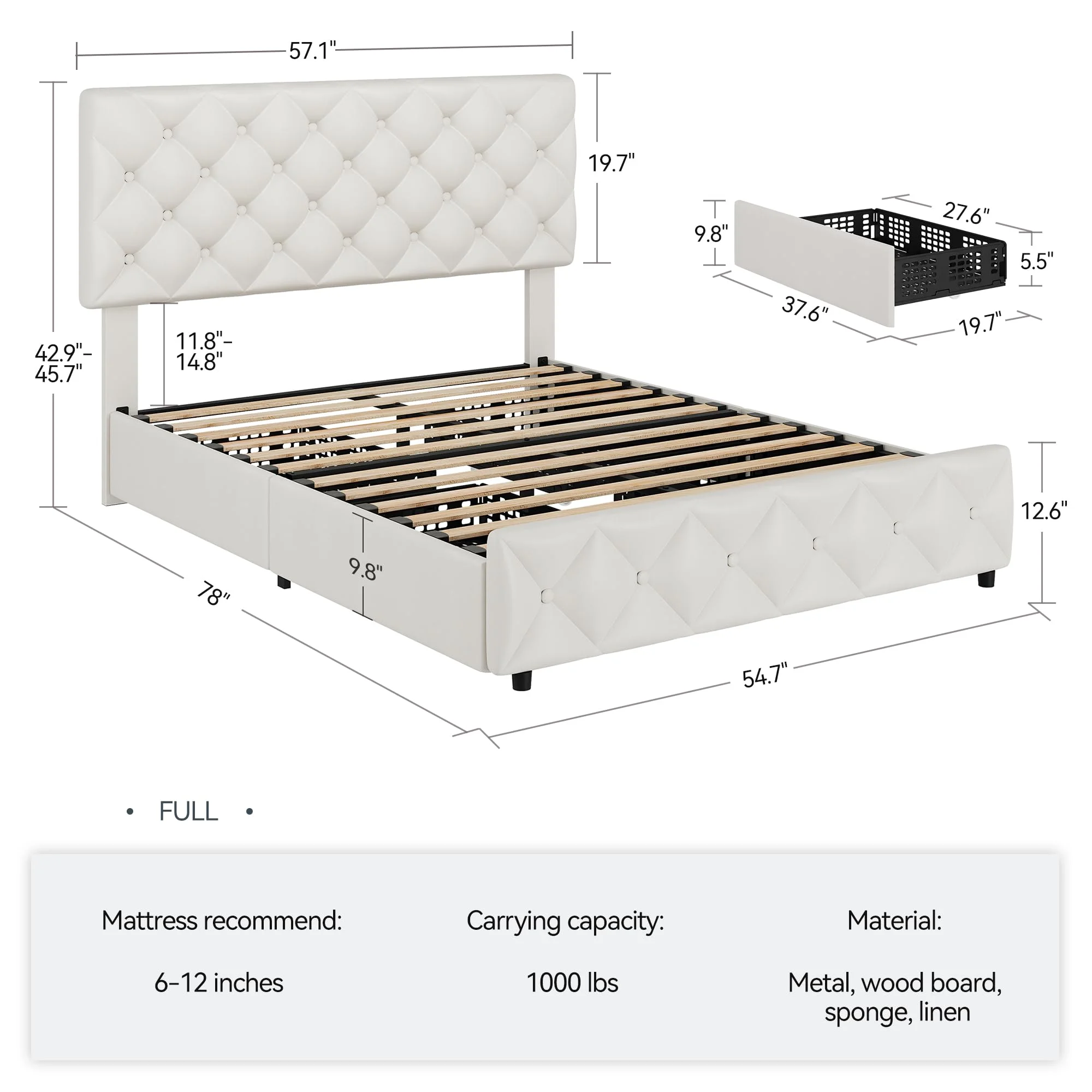 TROPOW Full Size Bed Frame,with 4 Storage Drawers and Adjustable Headboard, Linen Upholstered Platform Bed Frame, Diamond Stitched Button Tufted, No Box Spring Needed,White