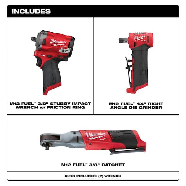 M12 FUEL 12V Lithium-Ion Brushless Cordless Stubby 3/8 in. Impact Wrench / 3/8 in. Ratchet/Die Grinder (3-Tool)