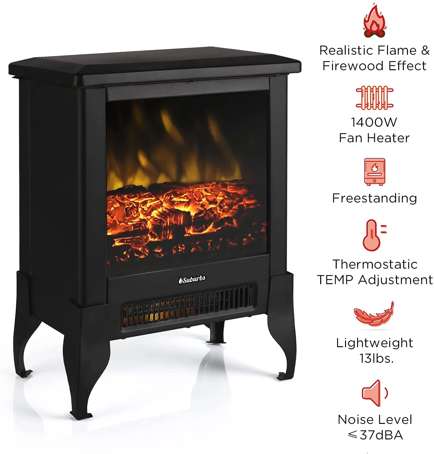 Turbro Suburbs TS17 Compact Electric Fireplace Stove, 18 Freestanding Stove, Realistic Flame, Overheating Safety Protection- 1400W
