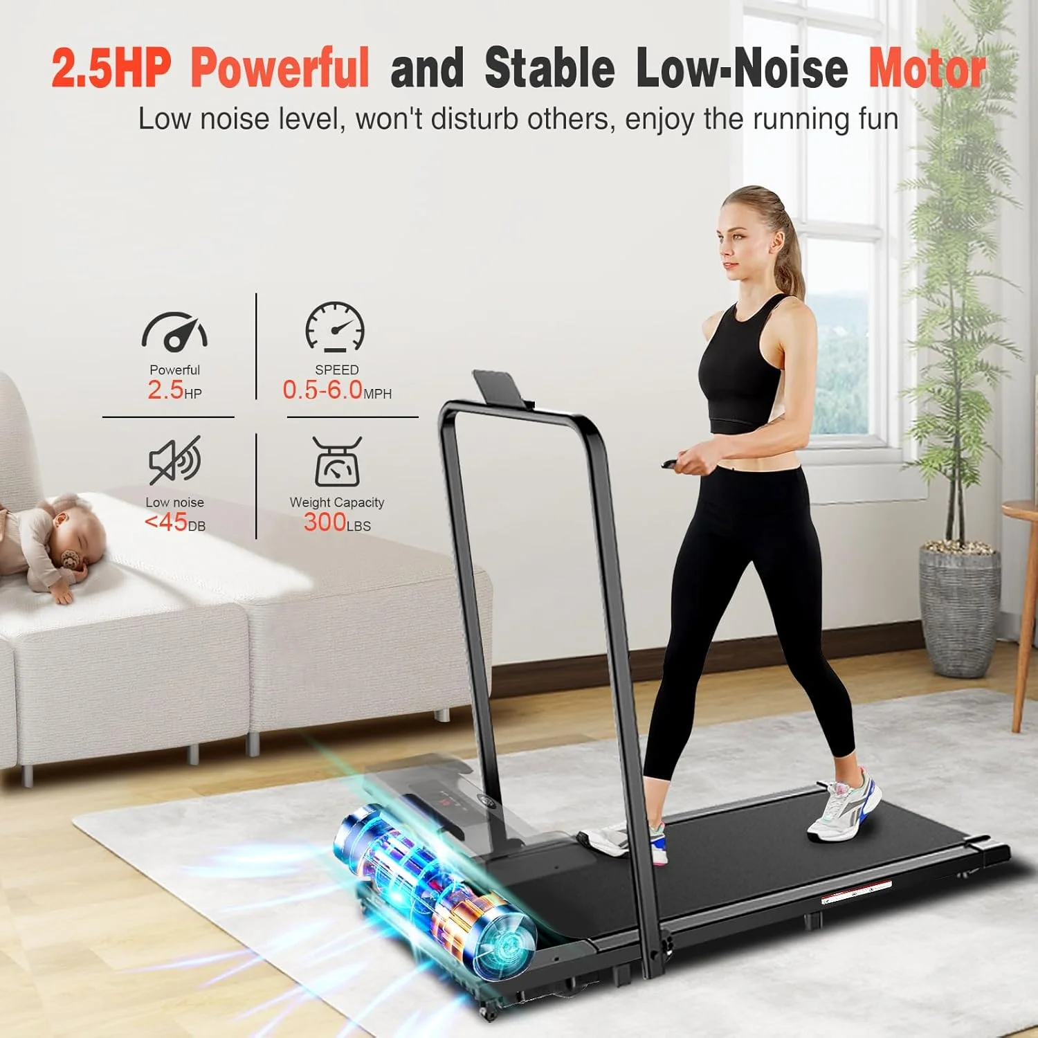 2 in 1 Walking Pad Treadmill, Foldable Treadmills with Handle Bar, 2.5HP Portable Folding Treadmill with Remote Control, Under Desk Treadmill for Home Office, 300lbs, Black