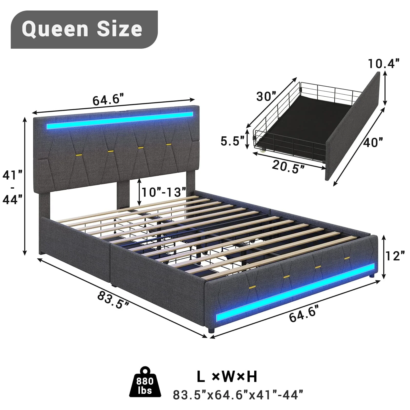 Tiptiper Queen Size Bed Frame with 2 USB Charging Station, Upholstered LED Bed Frame with 4 Drawers, Platform Storage Bed with LED Lights Headboard & Footboard, No Box Spring Needed, Dark Gray