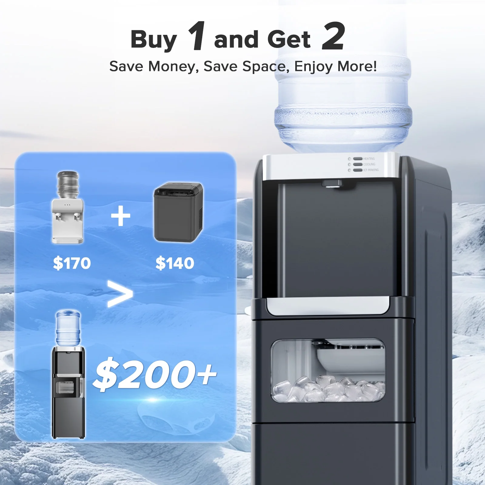 LHRIVER 2-5 Gallon Water Dispenser & 6-Min Ice Maker, 3-in-1 Hot/Cold/Ice, Child Lock & Energy-efficient, for Home/Office, Black