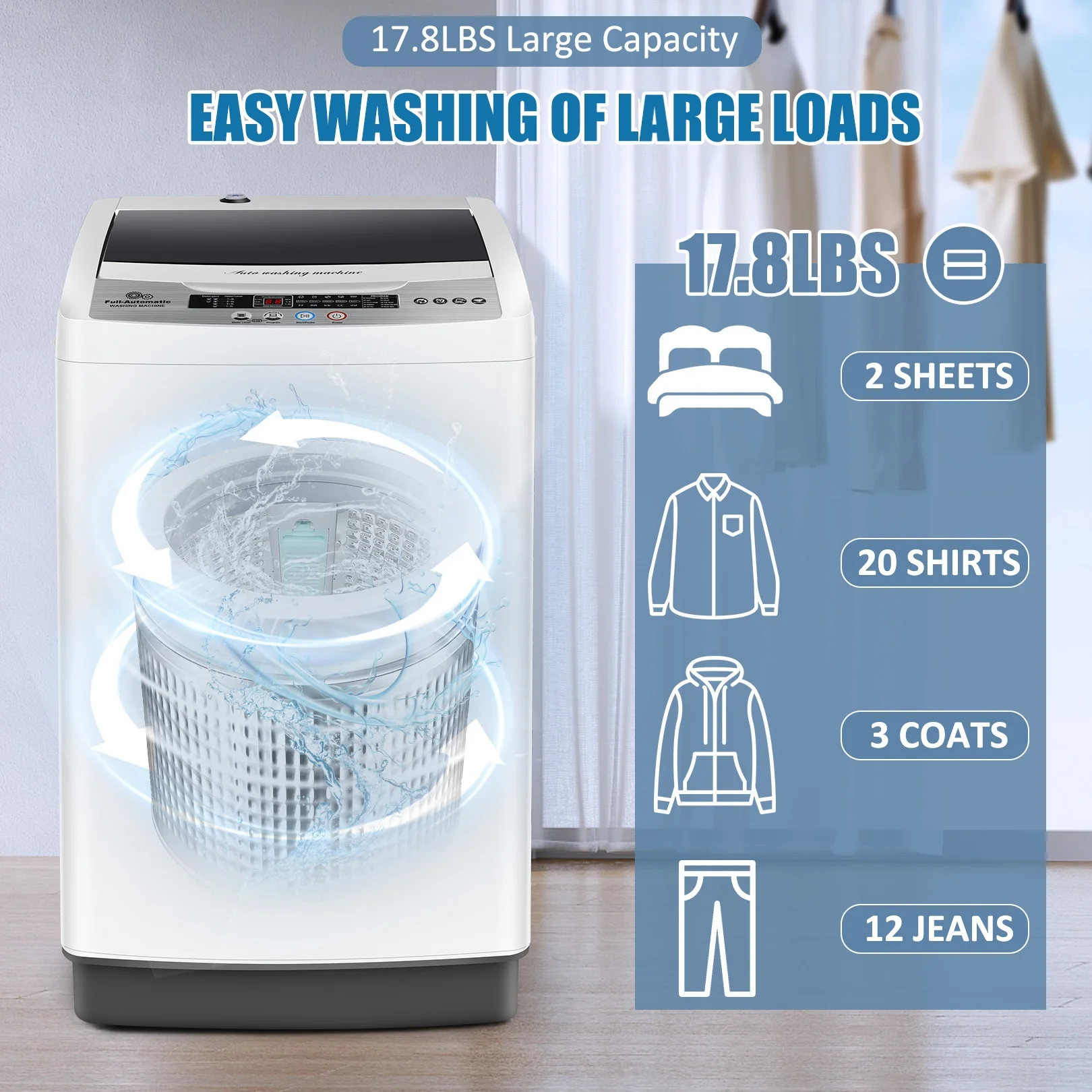 Qhomic Portable Washing Machine, 18.7lbs Full Automatic Compact 10 Programs & 8 Water Levels Washer Machine with Child Lock and LED Display, Low Noise Laundry Wash for Apartments, RVs, Dorms