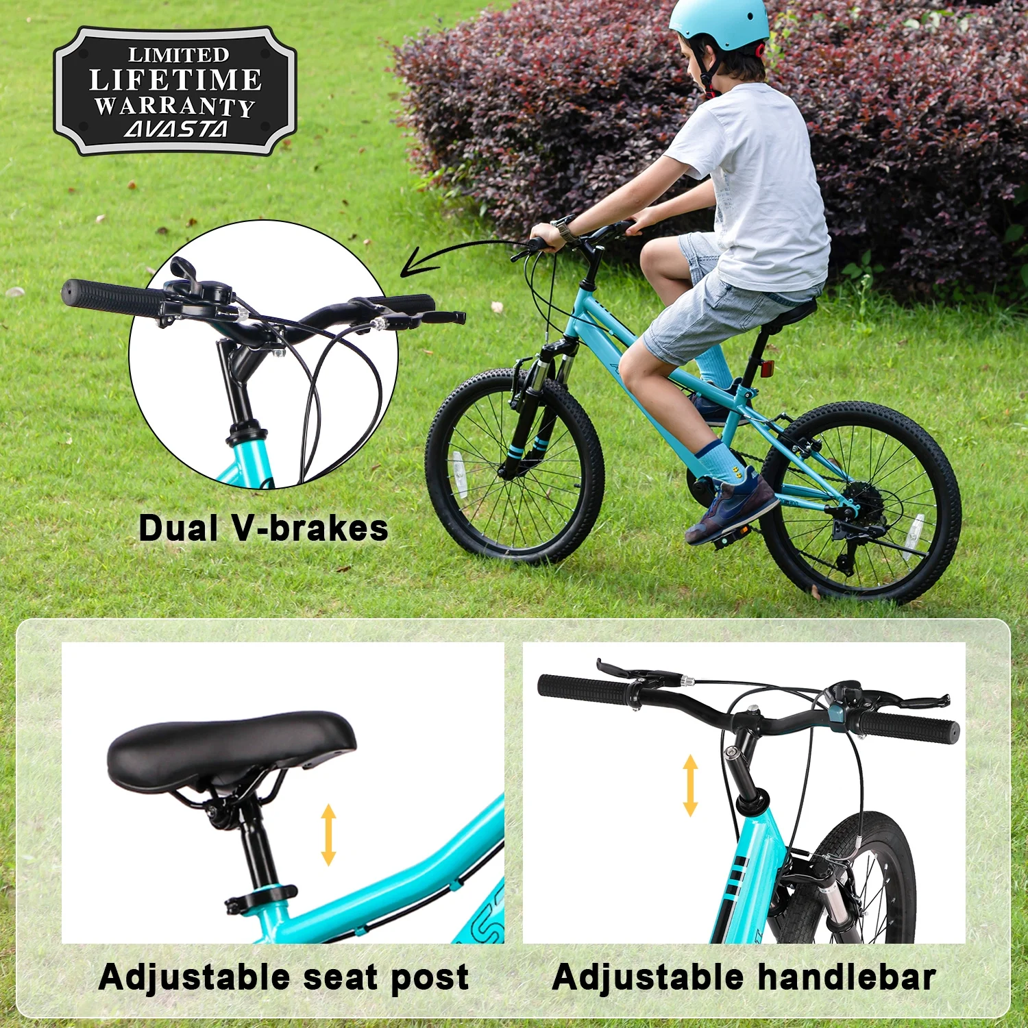 AVASTA 20'' Big Kids Mountain Bike for Age 6 7 8 9 10 11 12 Years Old Boys Girls Teen with Suspension Fork Front & Rear Dual Hand Brakes 6 Speeds Drivetrain, Cyan